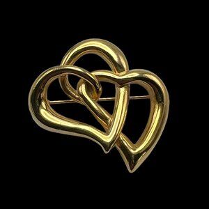 Double Heart Brooch Intertwined Gold Tone Shiny Vintage Pin‎